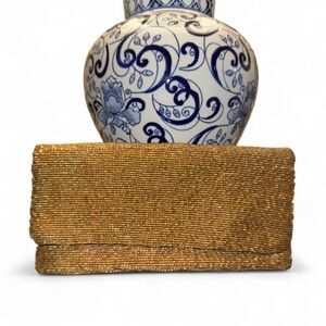 Vintage 2000s Gold Beaded Evening Clutch Bag